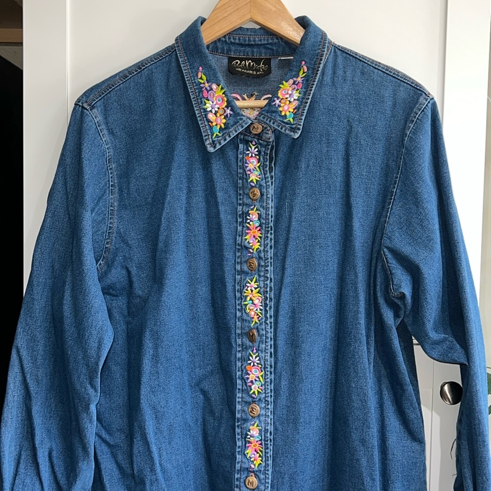 Bob Mackie Blue Denim Button Down Shirt w/Floral Embroidery whimsical diversity